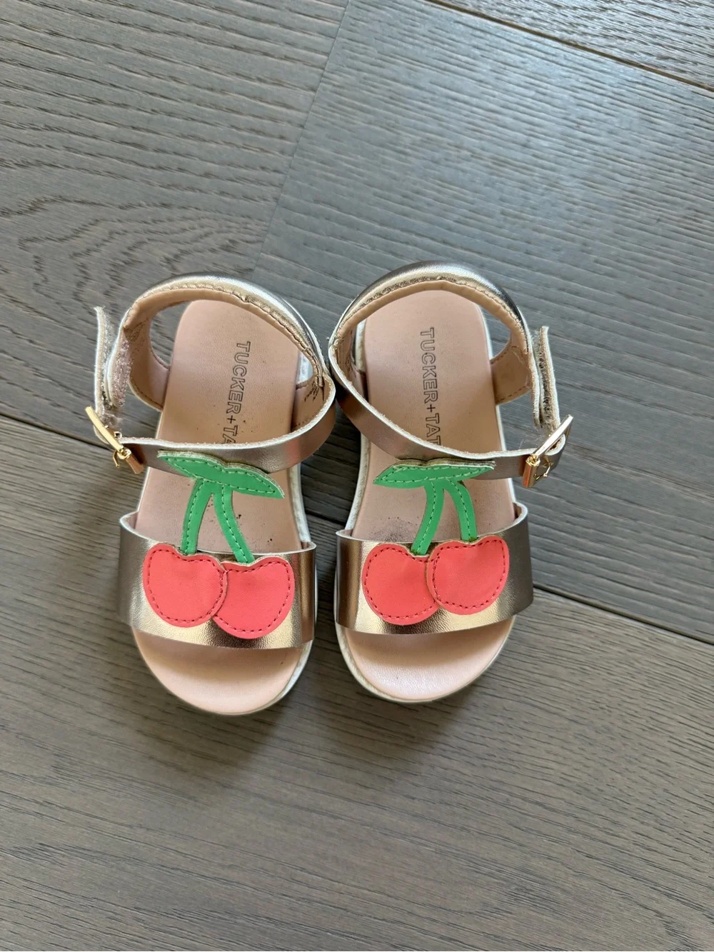 Tucker + Tate Gold Sandals with Pink Cherry Appliqués